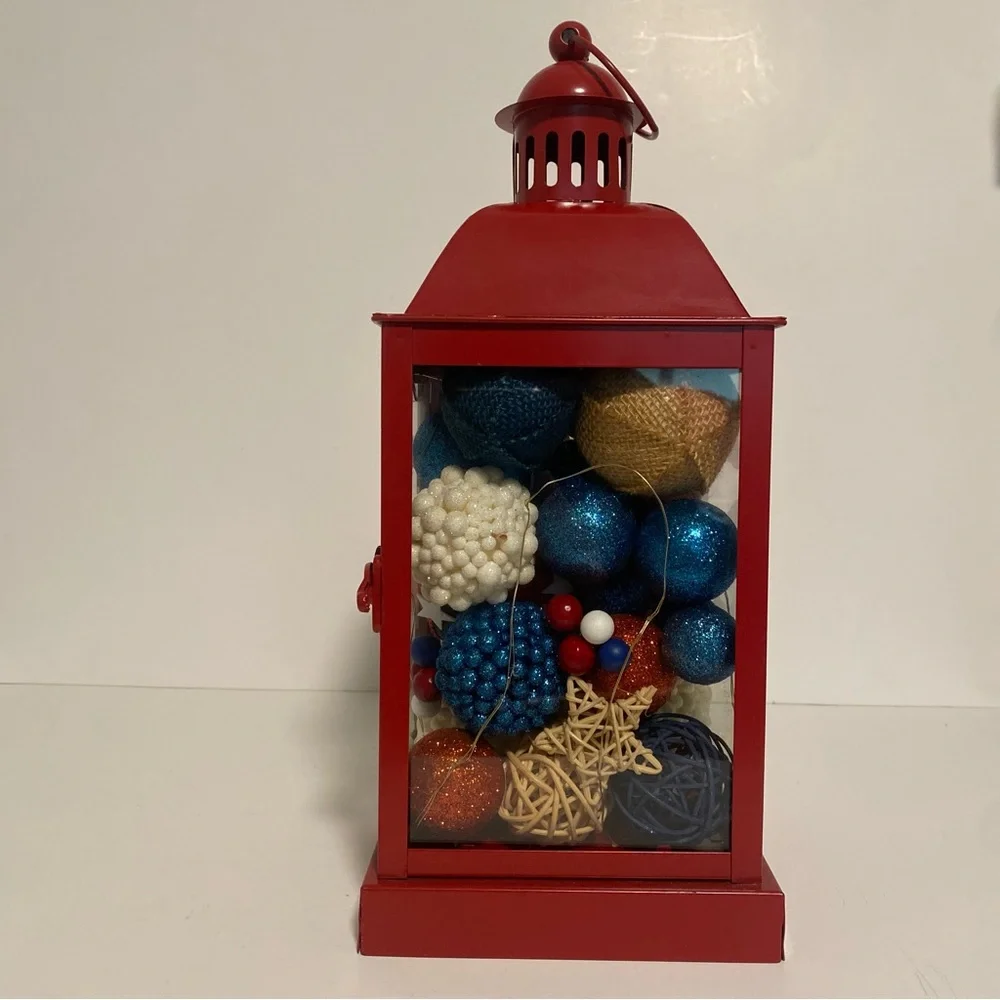 Red Metal Lantern with Patriotic Accents Battery Powered Lights